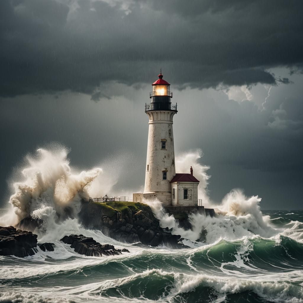 Lighthouse Stands Tall During Hurricane: Seascape Photograph...