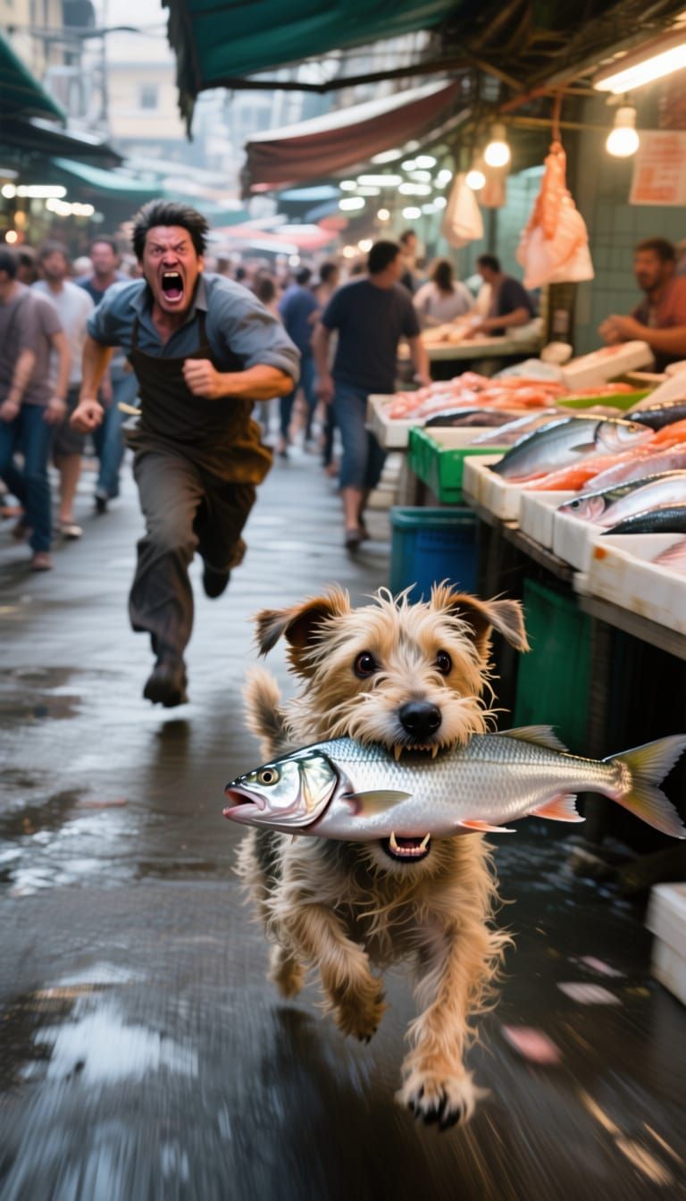 Scruffy Dog Flees Fishmonger with Stolen Fish