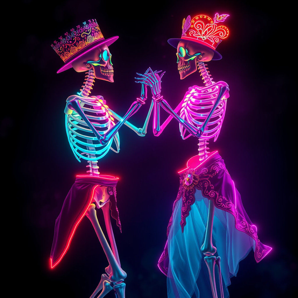 Neon Skeletons Dance in Ethereal Glow