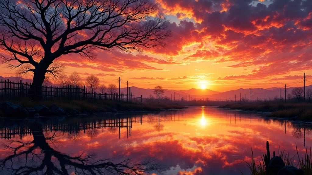 Serene Sunset Landscape Reflection in Calm Water