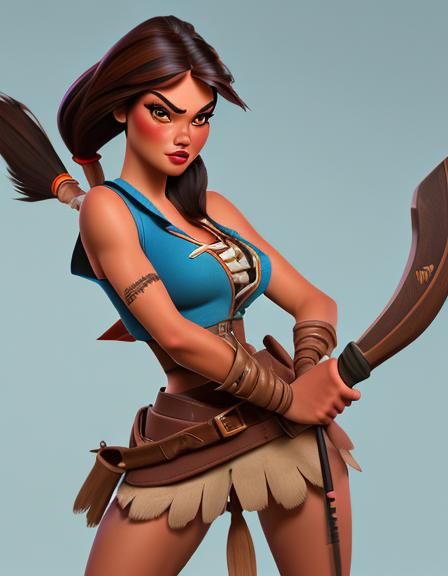 Pocahontas Pin-Up with Tomahawk in CGI Style