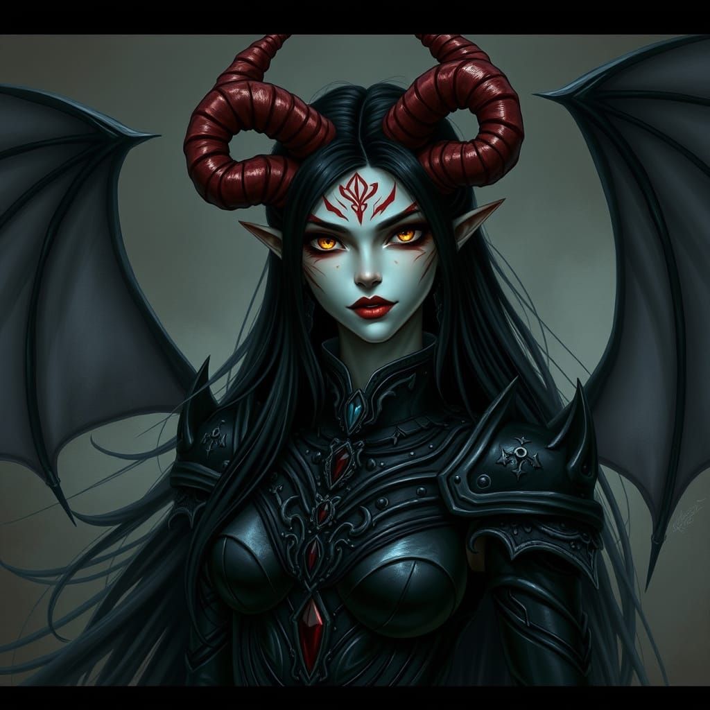 Mysterious Dark Fantasy Warrior with Twisted Horns and Wings
