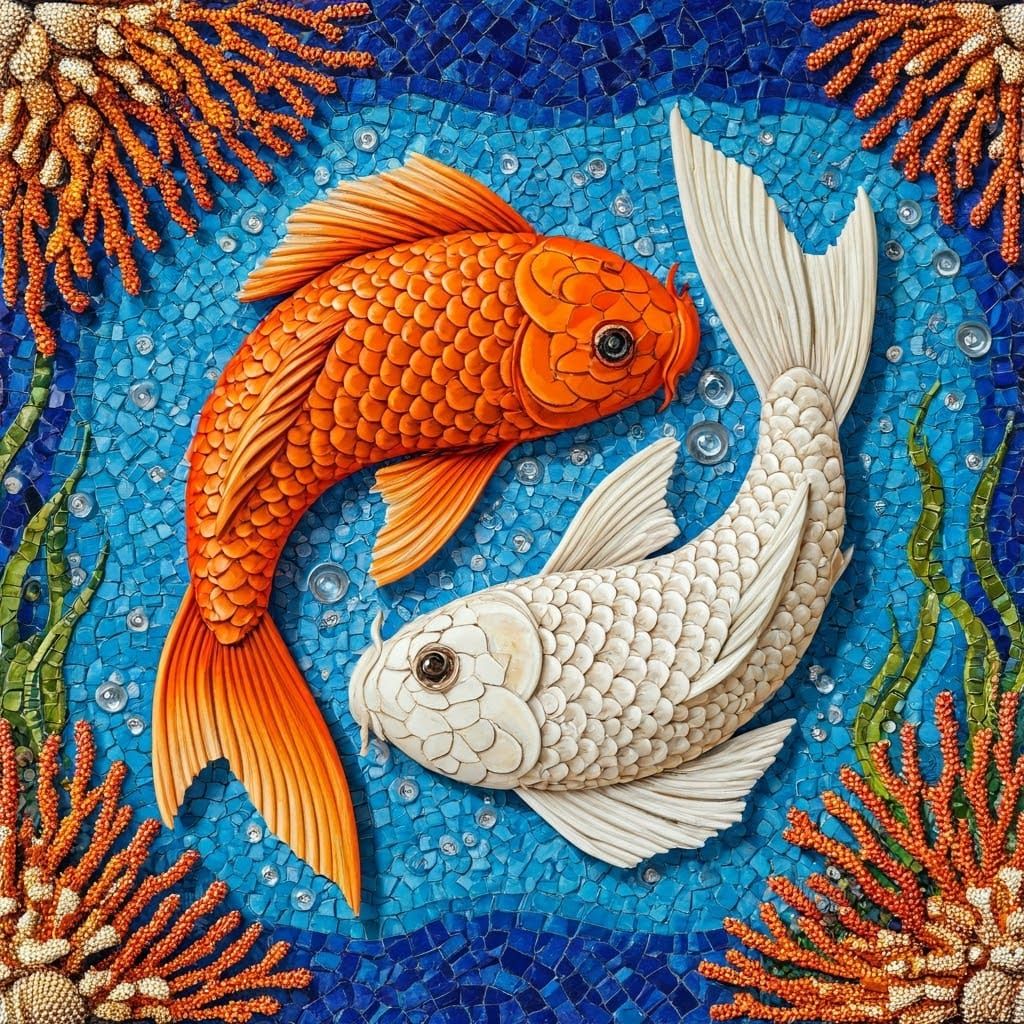 Surreal Blue Mosaic Art Featuring Yin and Yang Koi Fish