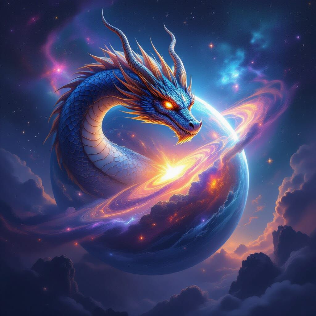 Celestial Dragon Coiled Around Crystalline Planet