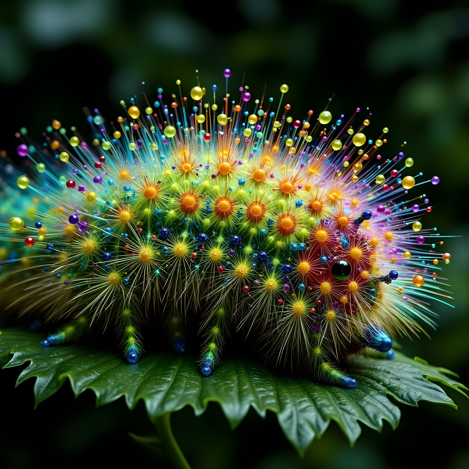 Kaleidoscopic Caterpillar on Fractal Leaf, Macro Shot