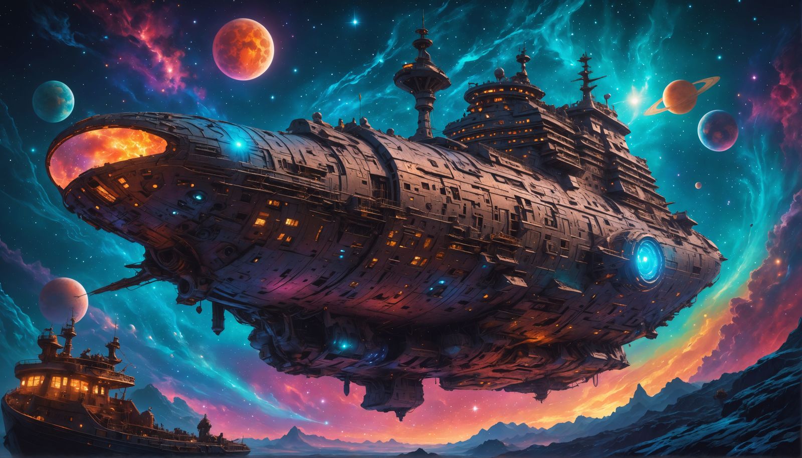 Futuristic Ship Repair: Holographic Biopunk Illustration