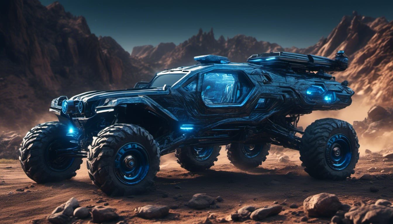 Futuristic Sci-Fi Rover Navigating Rugged Terrain