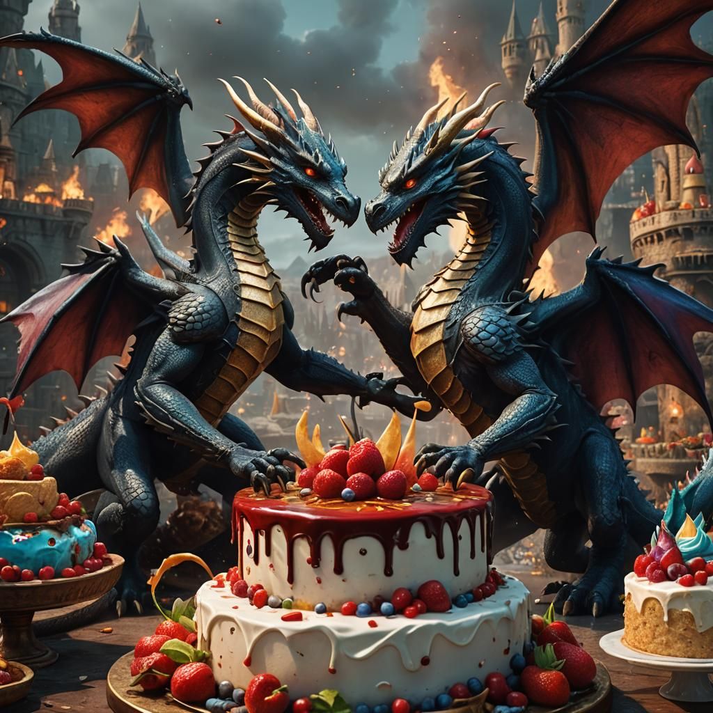 Dragons' Cake Battle: Detailed Fantasy Art