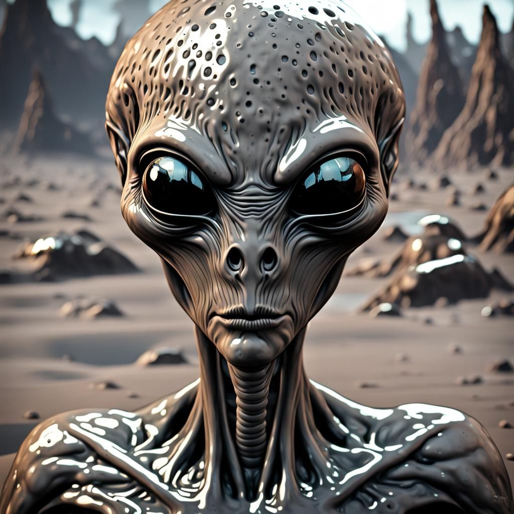 Realistic 3D Grey Alien with Glassy Eyes