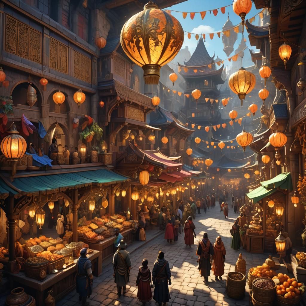 Enchanted Marketplace with Exotic Creatures in Fantasy Style
