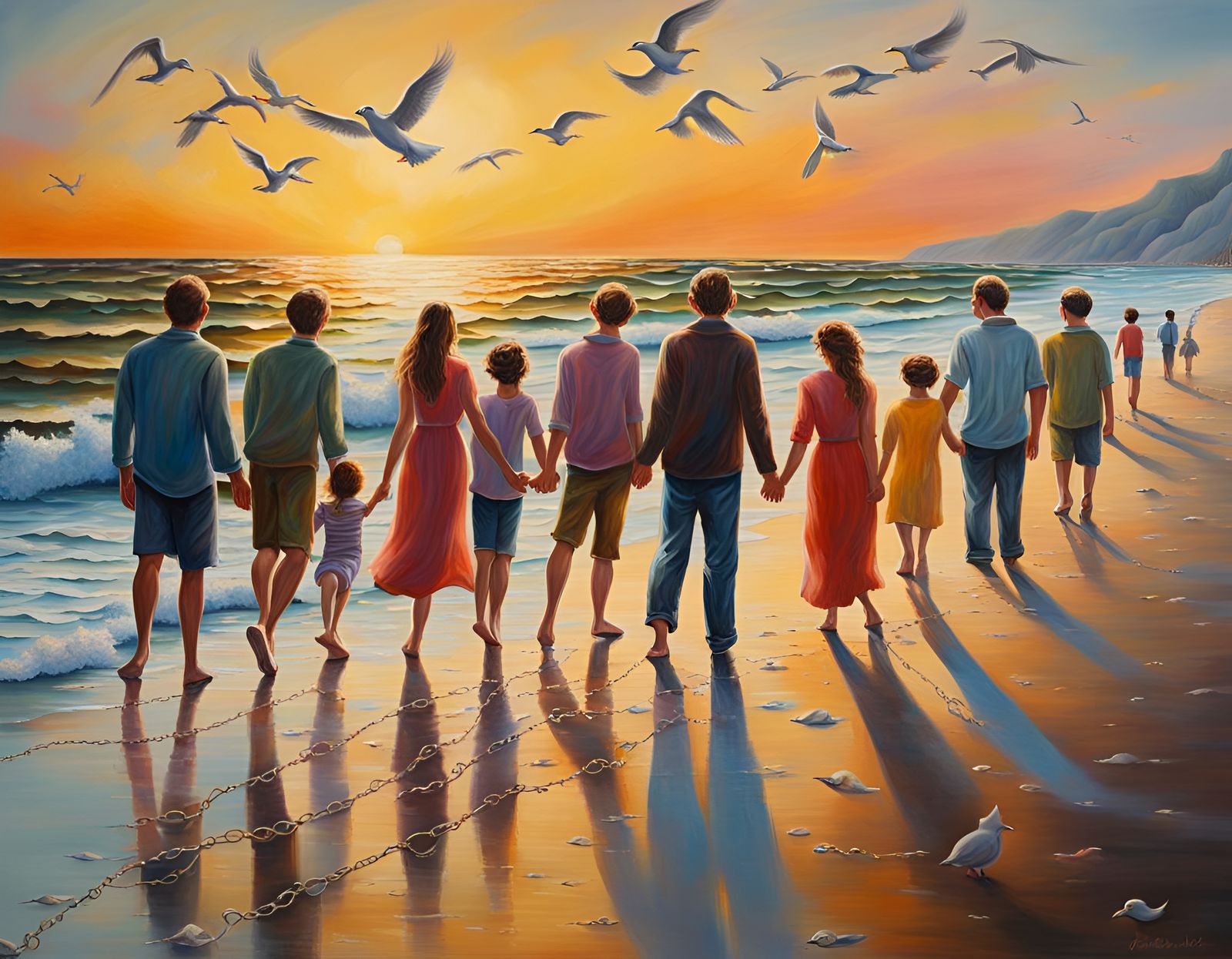 Beach Chain with Dove: Colourful Oil Painting