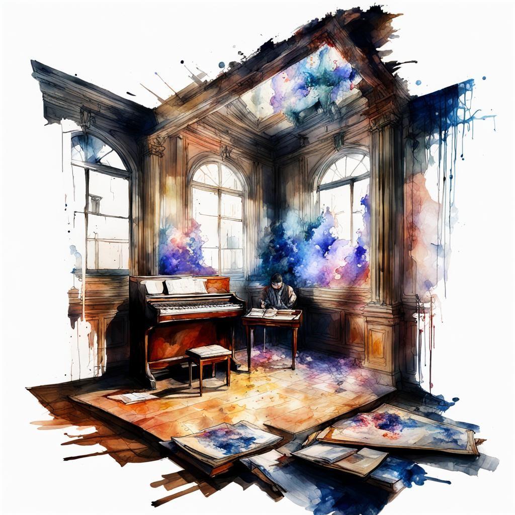 Watercolor Room with Double Exposure Effect