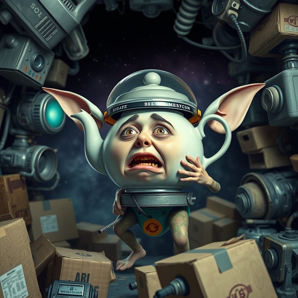 Terrified Teapot Held by Gremlin in Chaotic Scene