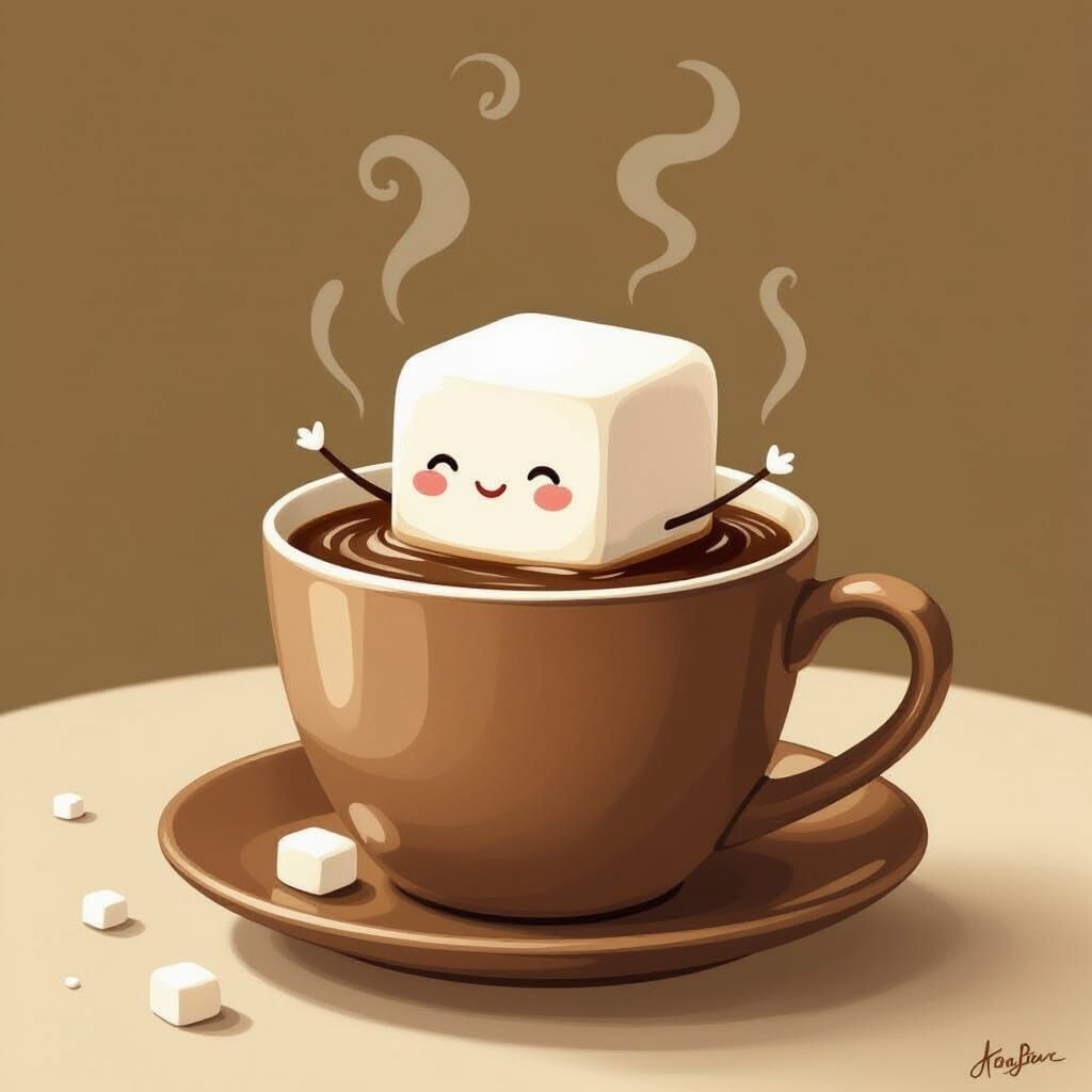 Cute Sugar Cube Relaxing in Hot Chocolate Illustration