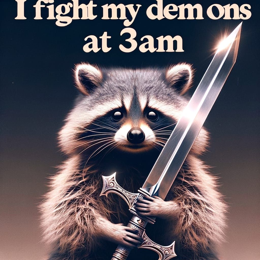Raccoon Ready for Battle With Sword and Caption