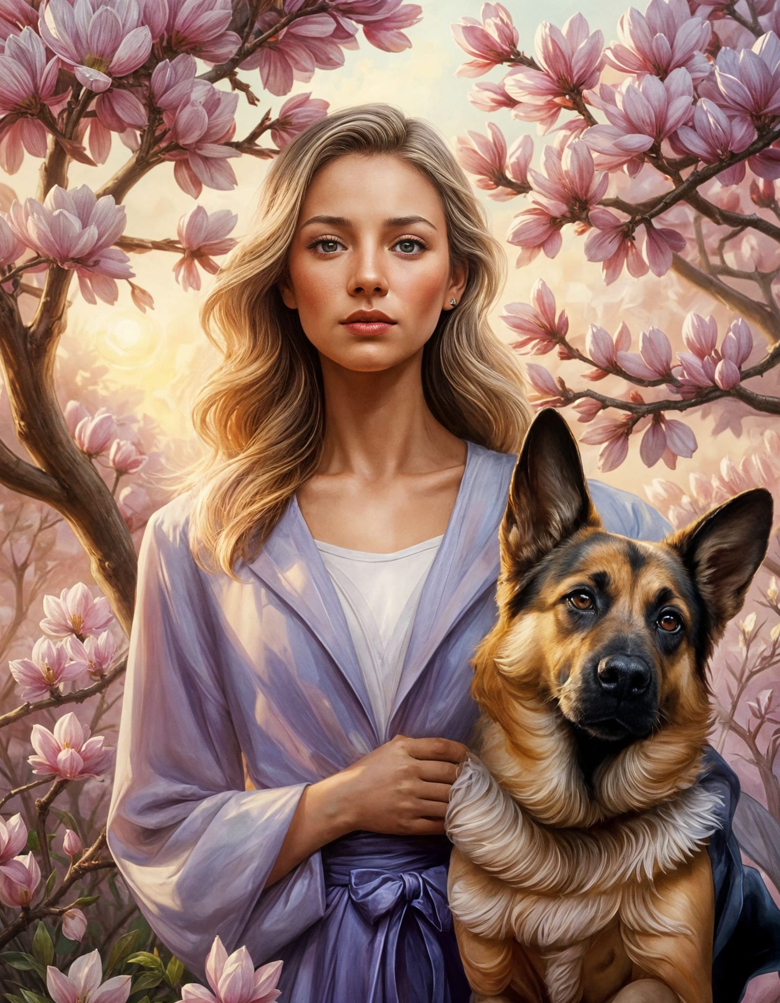 Elegant 1920s Whimsy: Young Woman Amidst Blossoming Magnolia...