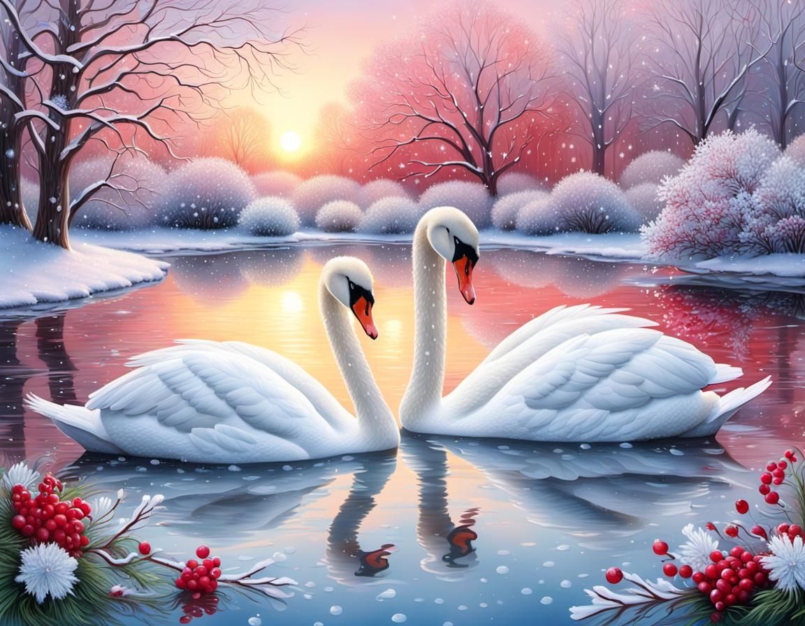 Swans in Winter Wonderland: A Photorealistic Pastel Sunrise