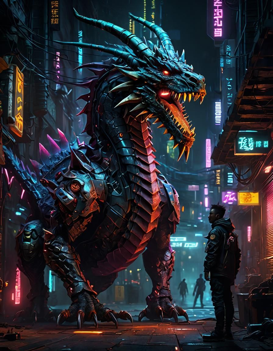 Cyberpunk Dragon and Cyborg Face-Off