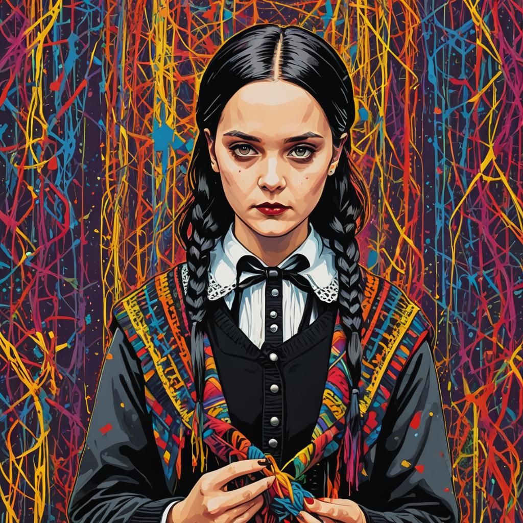 Wednesday Addams Knitting: Pop Art Digital Portrait