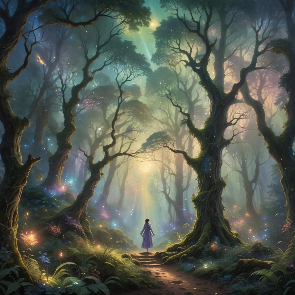 Ethereal Lunar Fantasy Forest in Kinkade Style