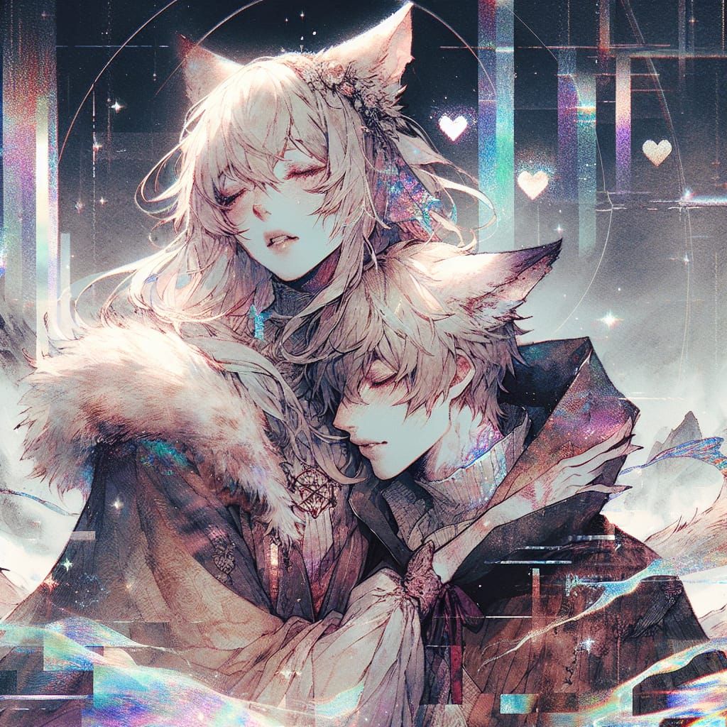 Romantic Anime Lynx and Fox Embrace with Digital Effects