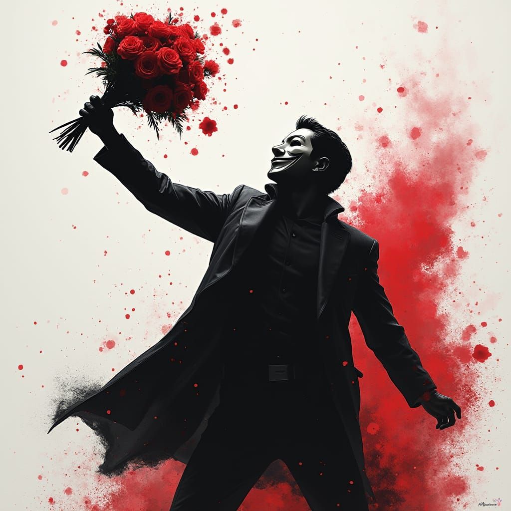 Masked Protester Throwing Flowers in Banksy Style