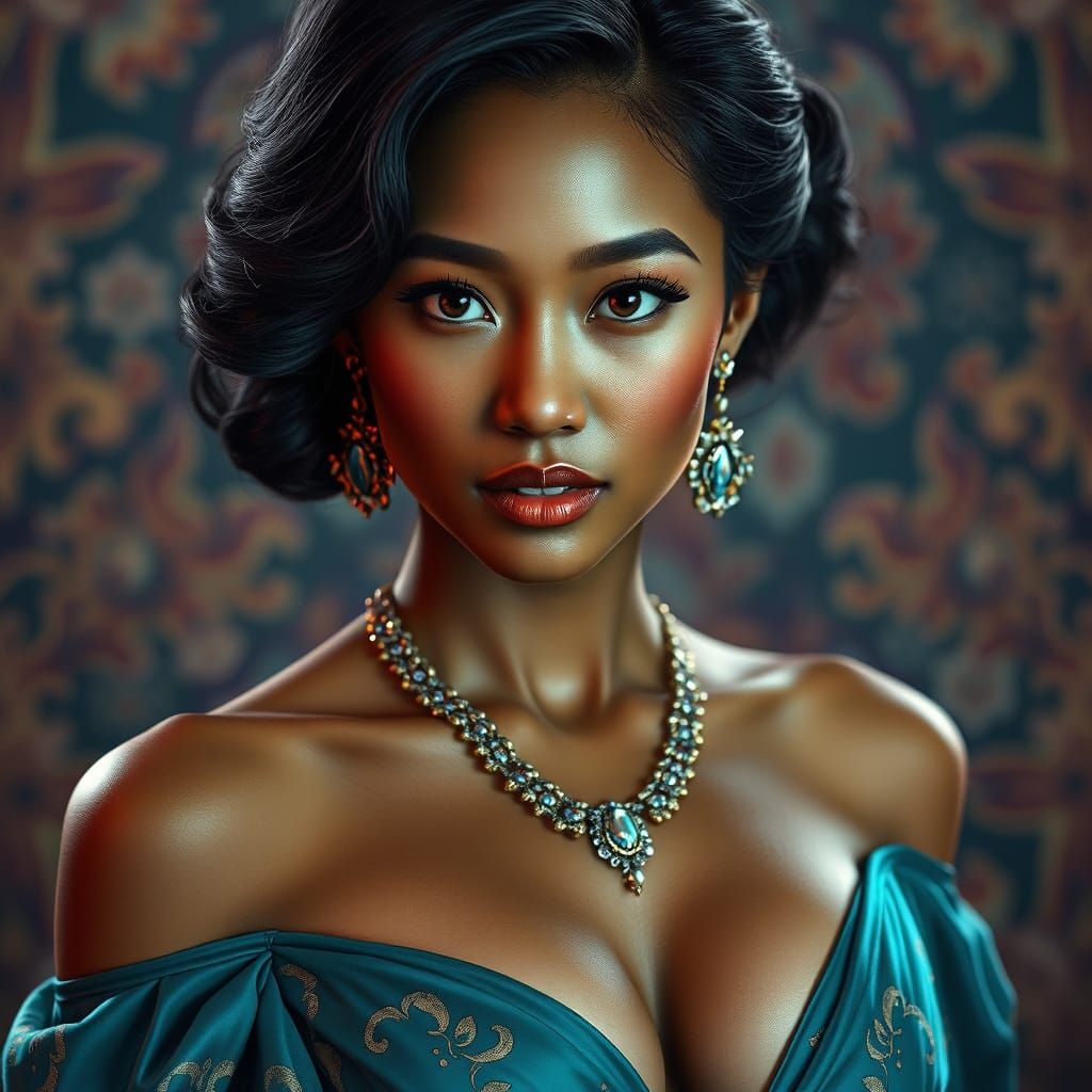 Elegant Woman in Teal Gown: Hyperrealistic Digital Portrait