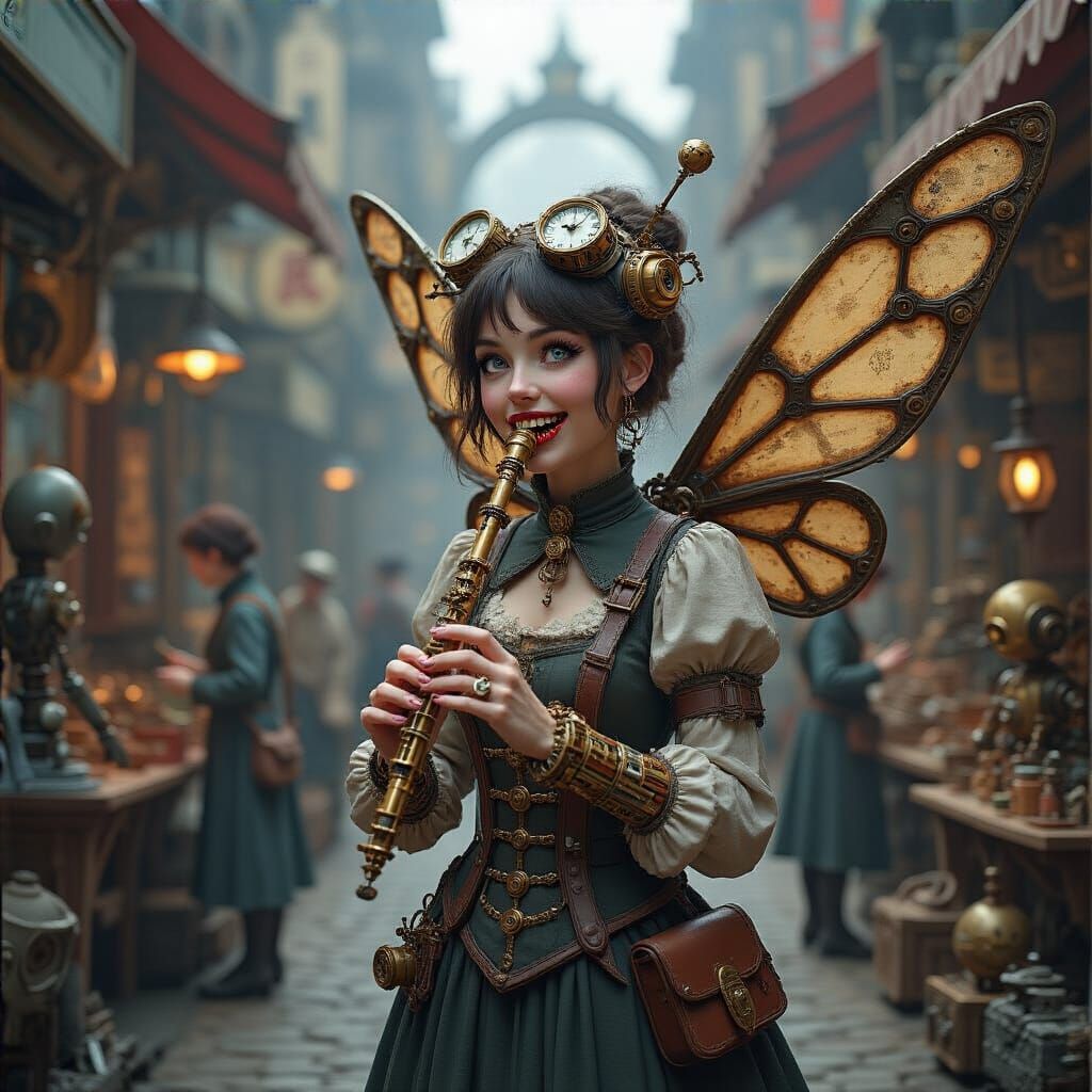 Steampunk Kazoo Woman in Bustling Marketplace
