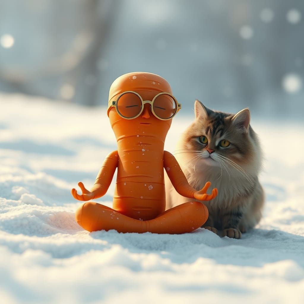 Meditating Carrot Person in Snowy Landscape, Anime Art