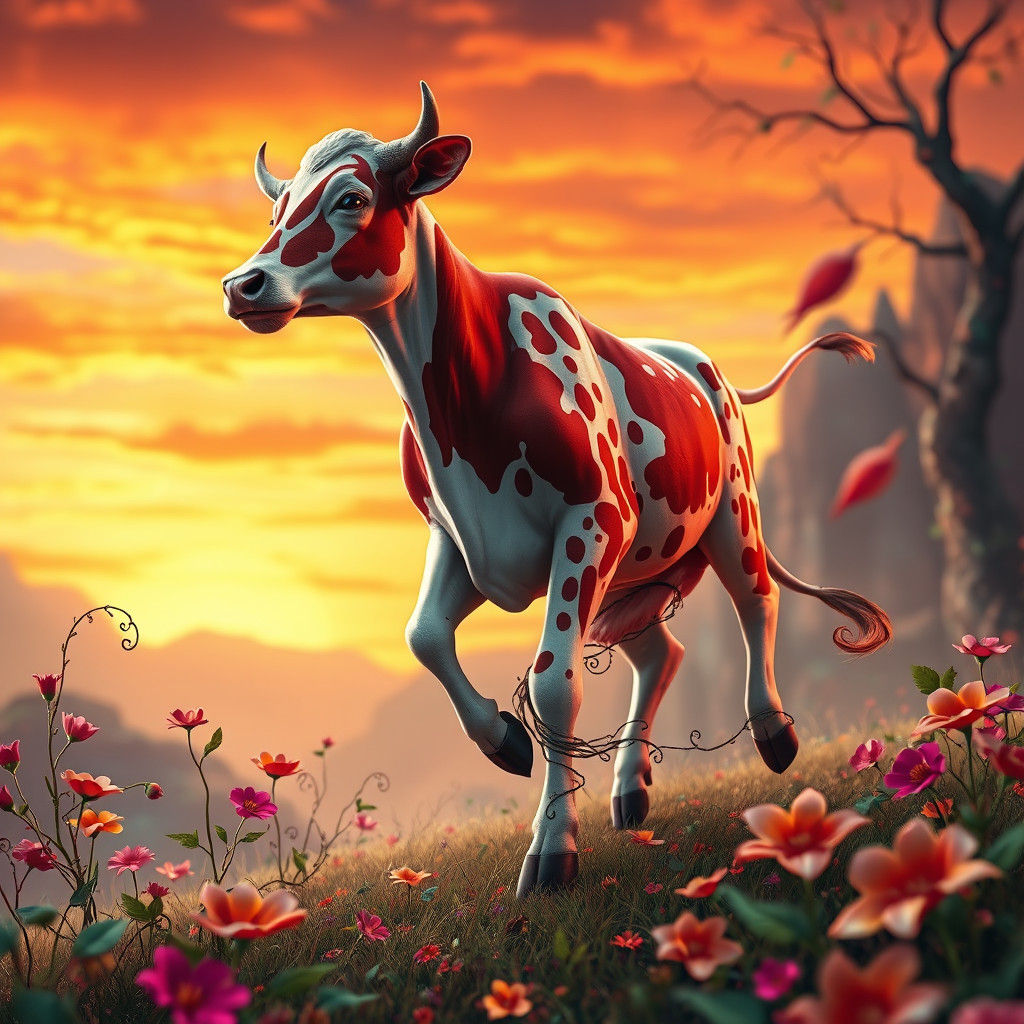 Dancing Cow in a Dreamlike Landscape