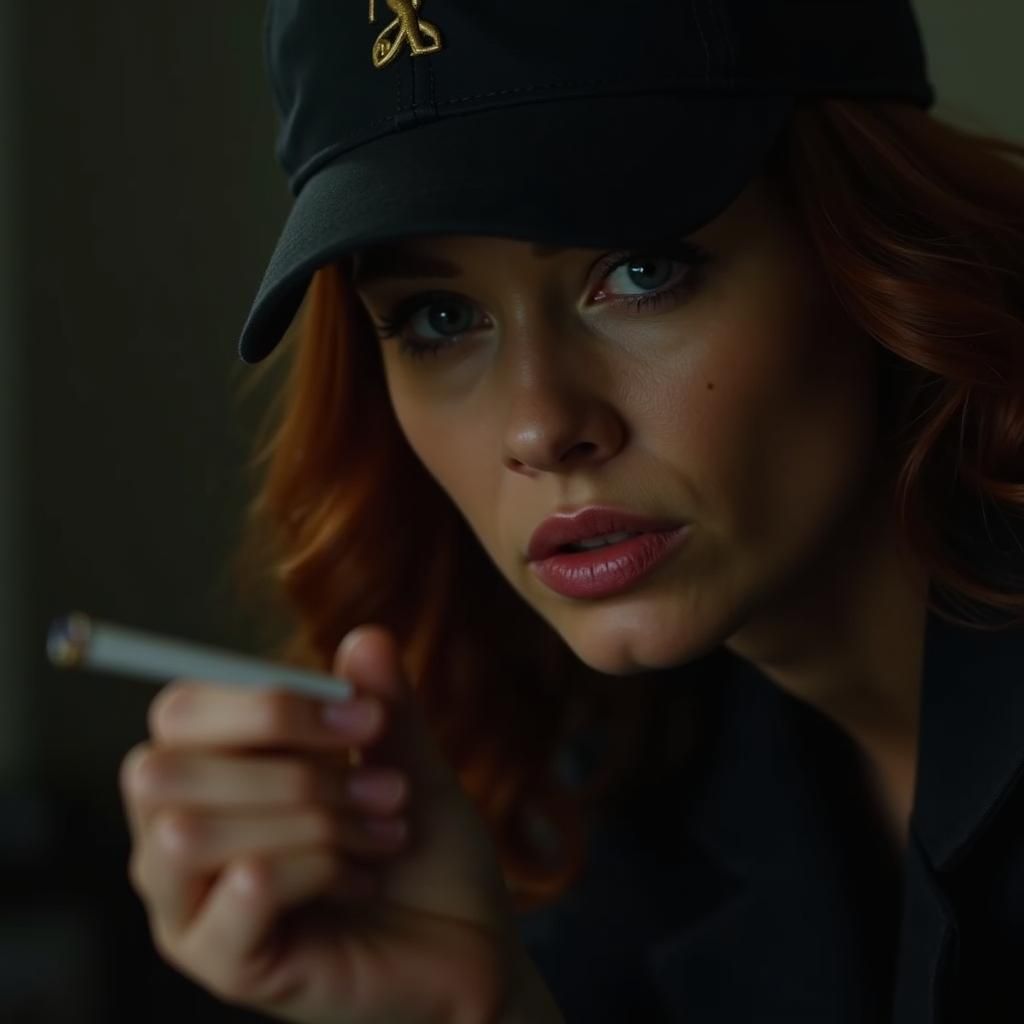 Tense Redhead in Detective's Office: Close-Up