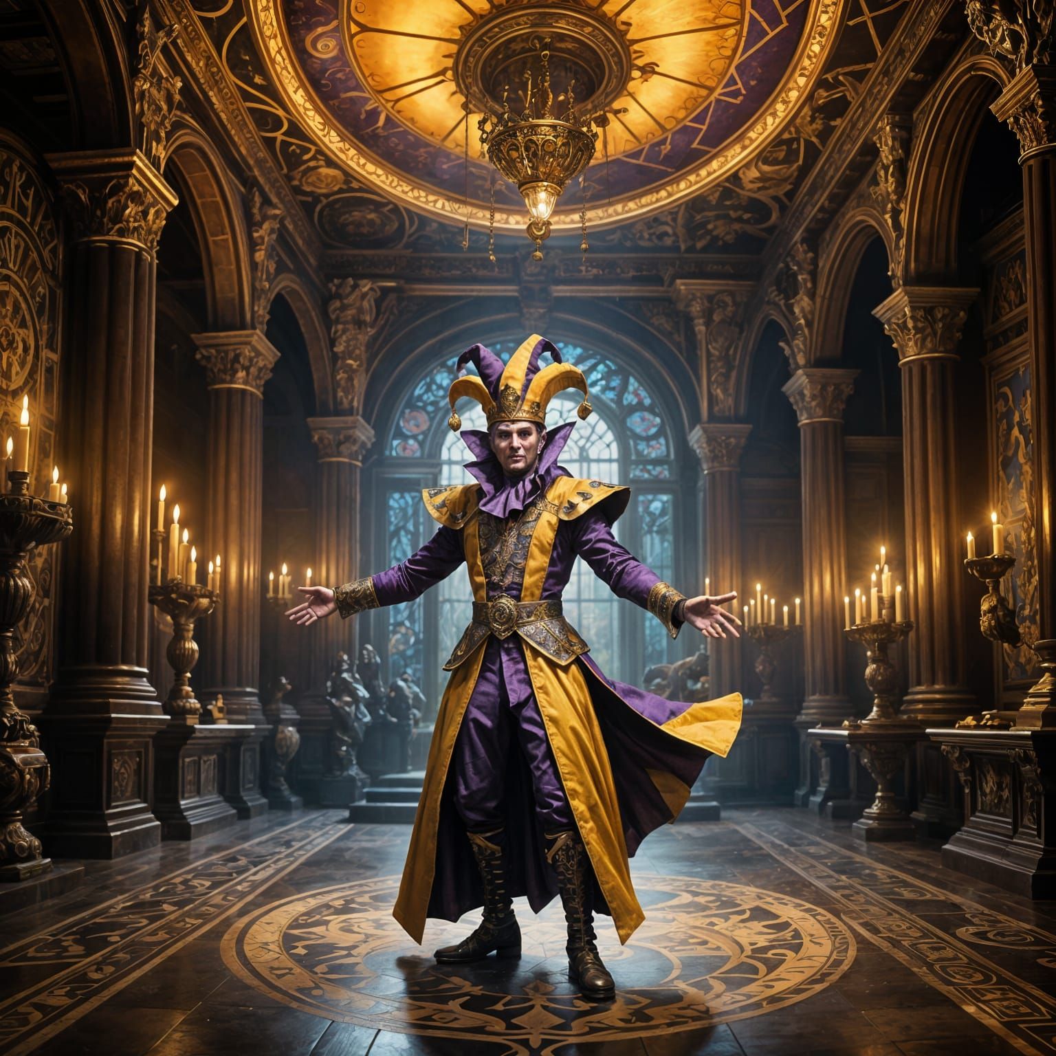 Court Jester Performs for Dark Fantasy King in Epic Art