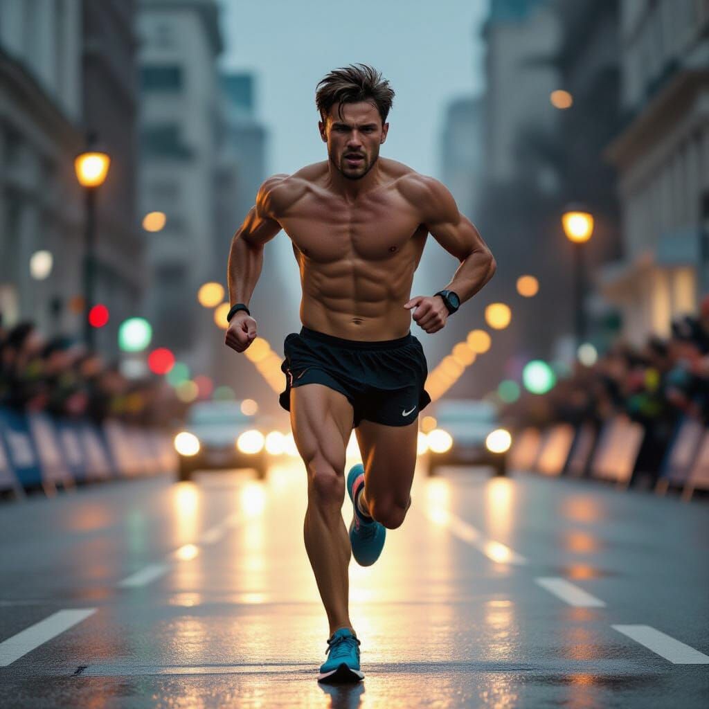 Determined Marathon Runner Pushing Limits in City Night