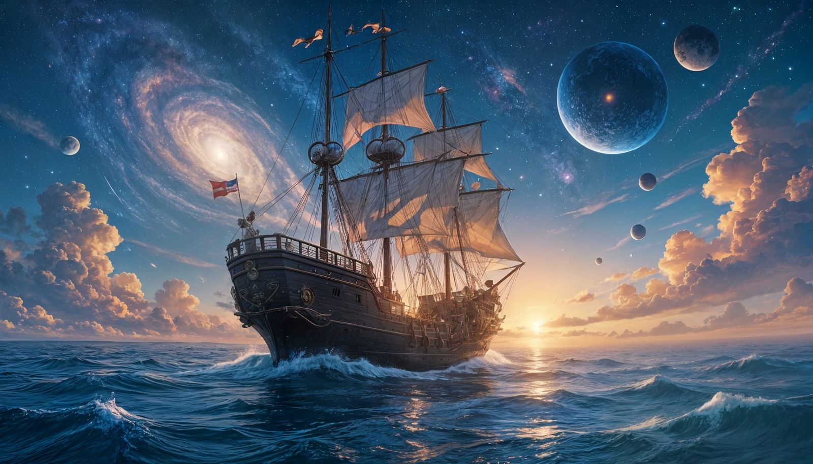Majestic Starship Sailing Cosmic Ocean