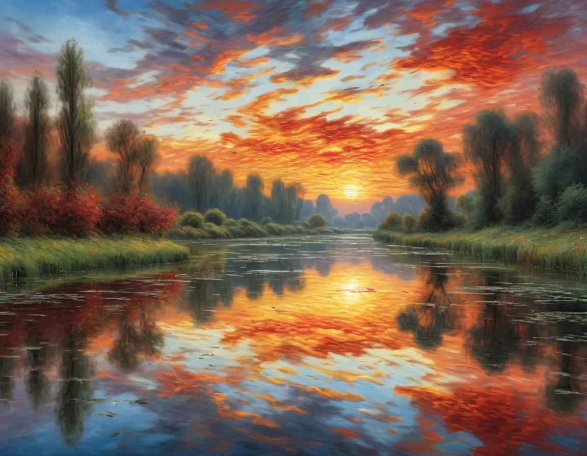 Sunrise River Reflection as Impressionist Oil Painting