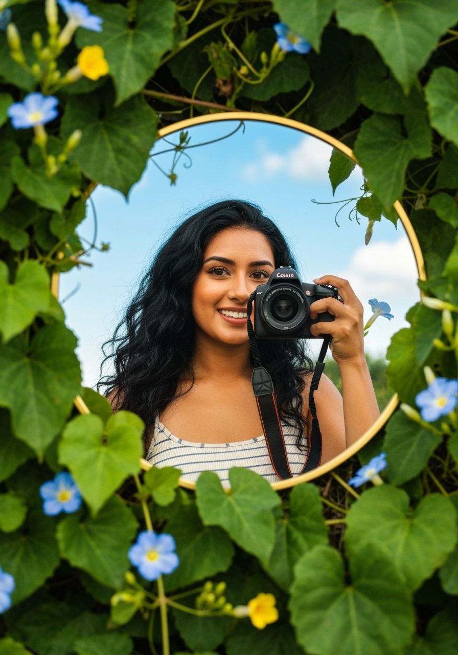 Circular Mirror Reflecting Woman in Floral Garden