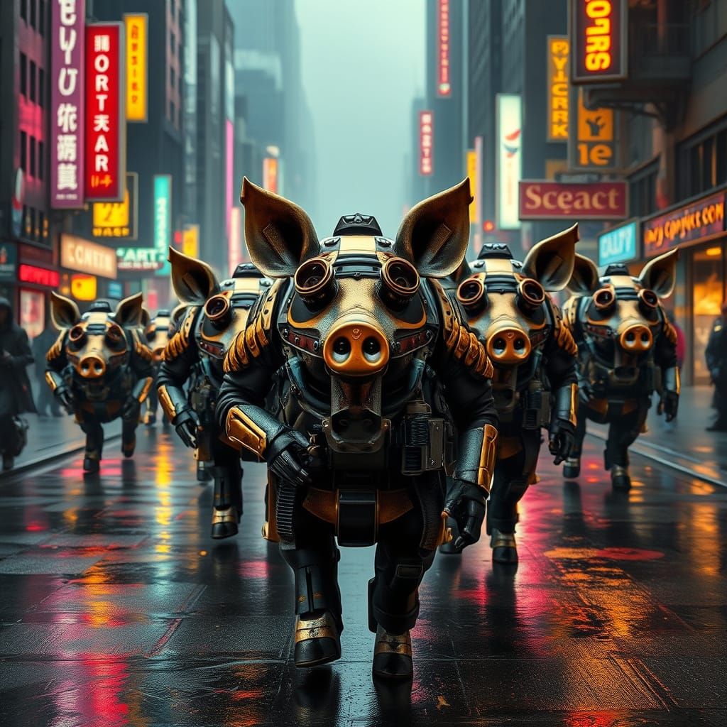 Steampunk War Pigs in Cyberpunk Dystopia