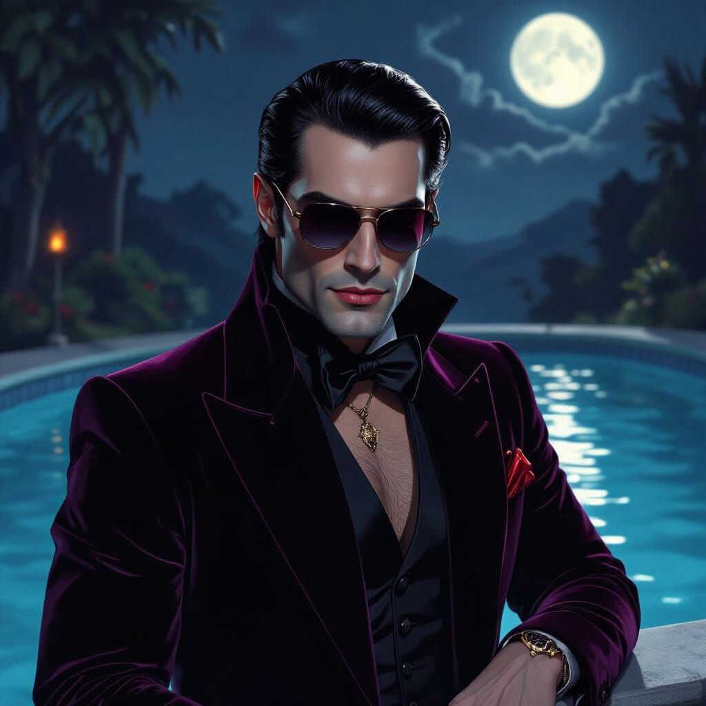 Vampire Poses by Moonlit Pool in Neo-Noir Style