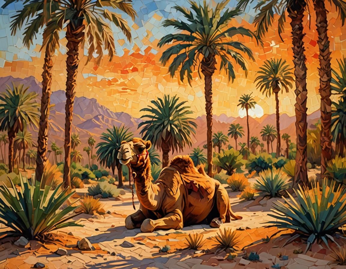 Camel and Palms in Impressionist Desert Landscape