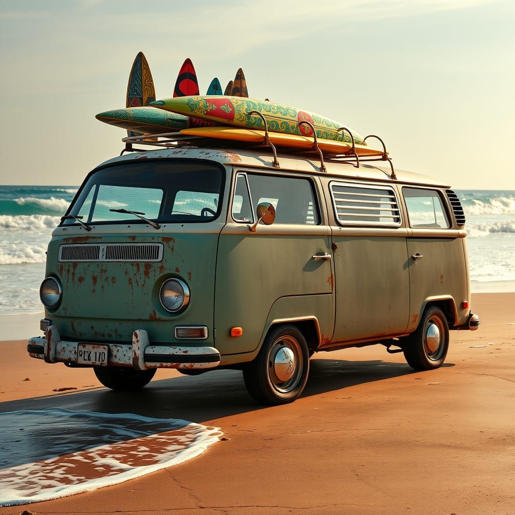 Vintage VW Bus Adorned with Surfboards on a Sun-Kissed Beach