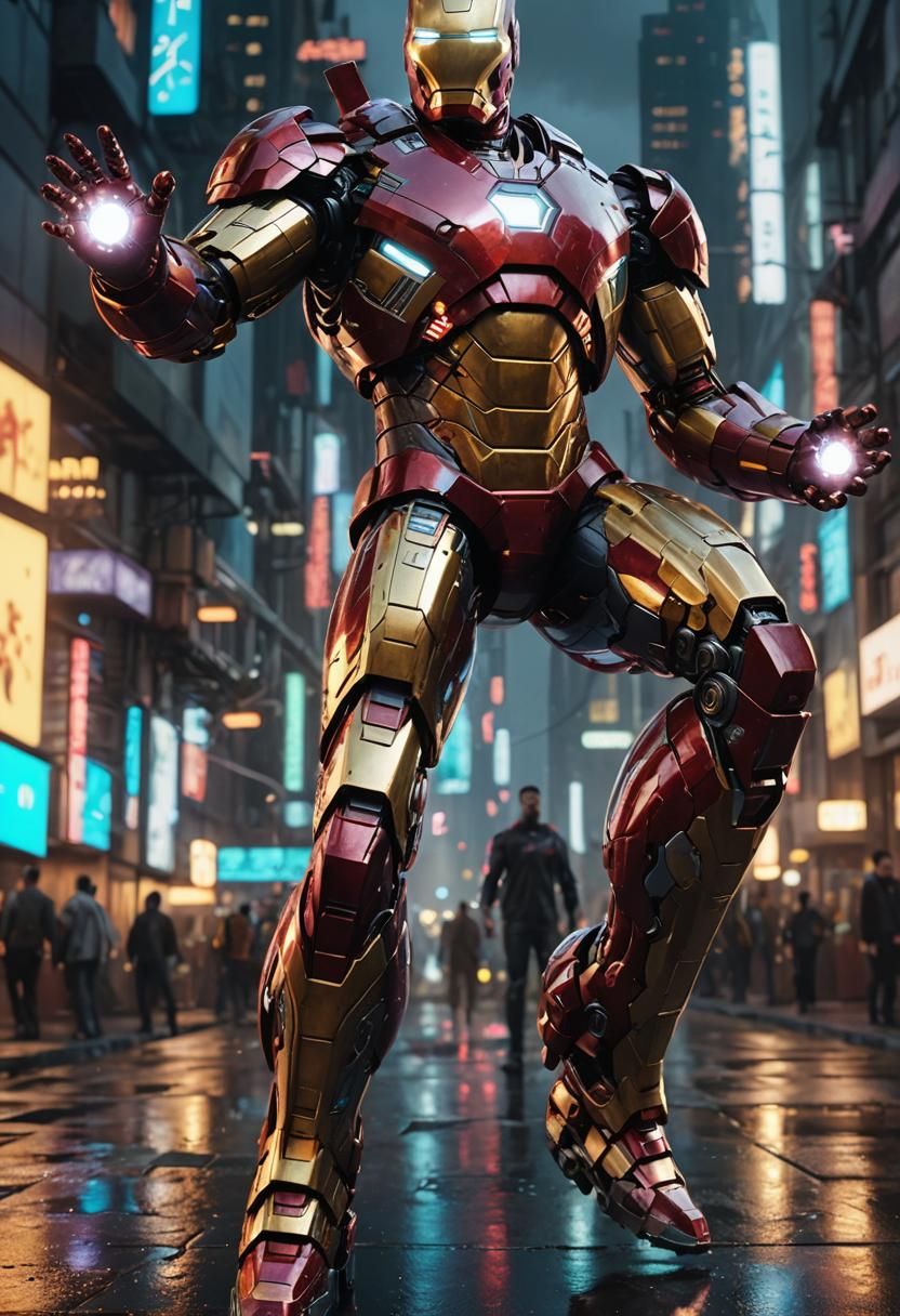 Iron Man in Cyberpunk Cityscape: 3D Render