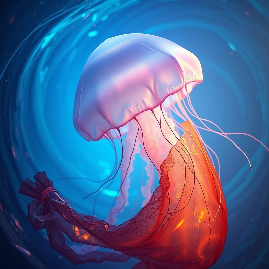 Luminescent Jellyfish Tenderly Embracing a Worn Plastic Bag...