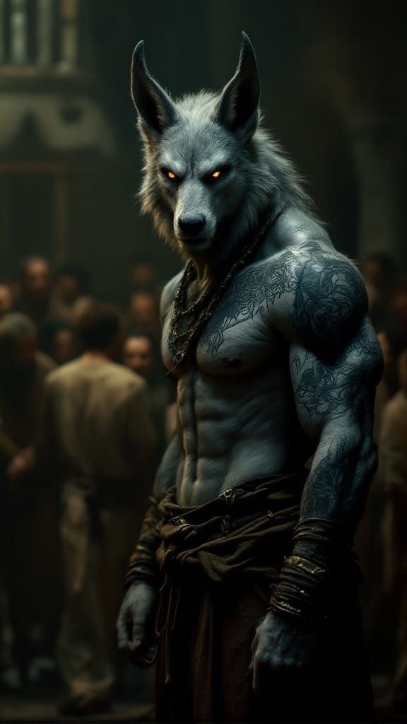 Assertive Wolf-Man with Ottoman Tattoos: Cinematic Still