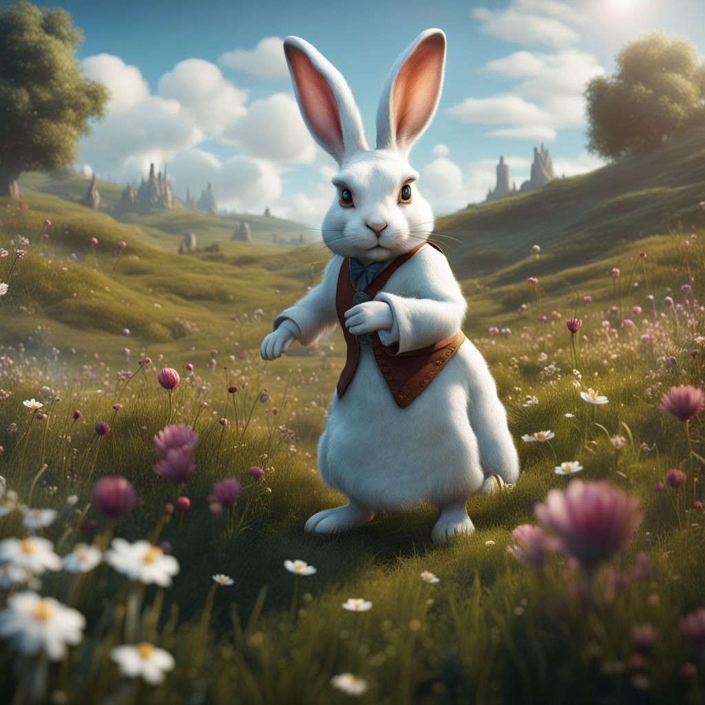 White Rabbit in Meadow, Detailed Matte Painting