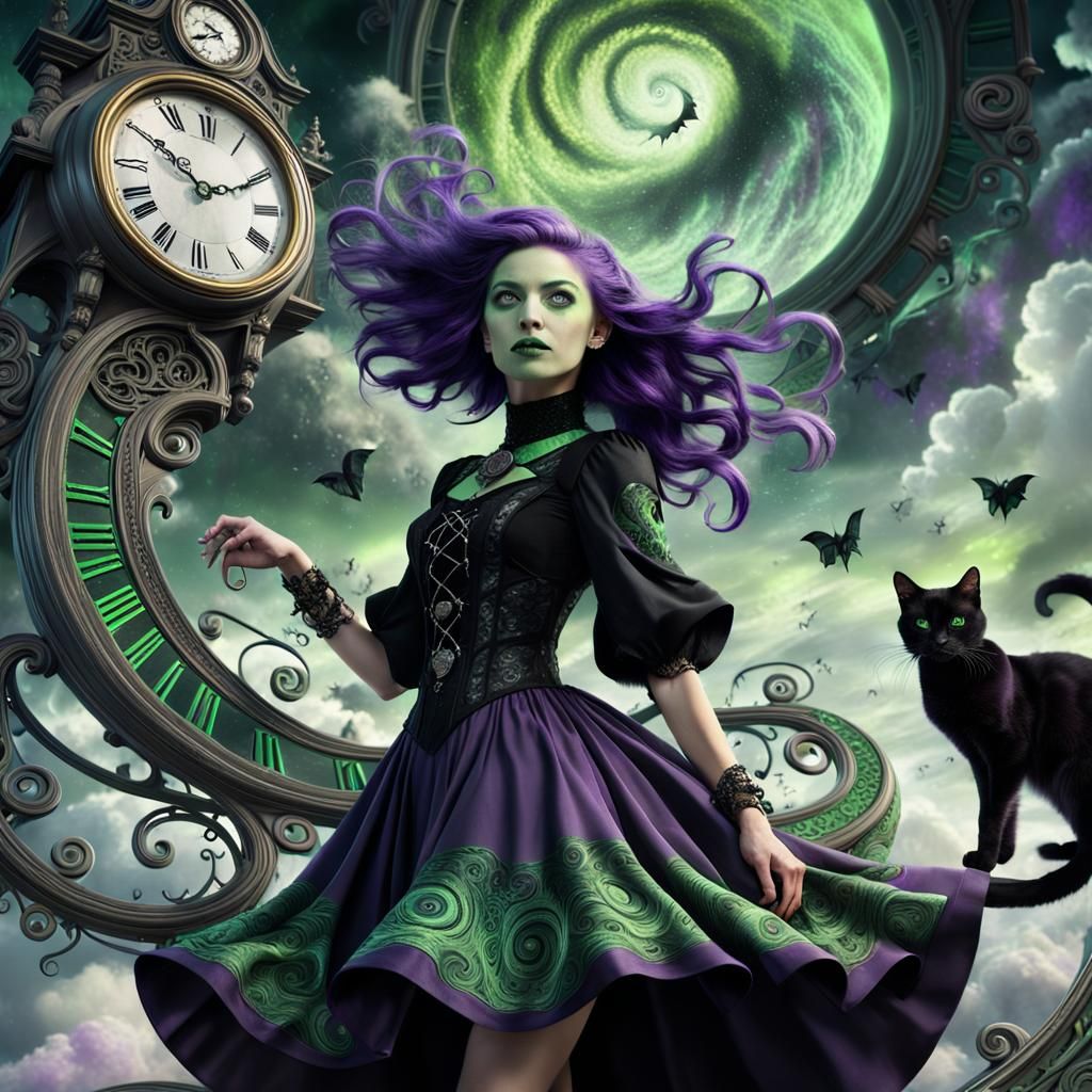 Enchanting Witch with Clock in Dreamy Digital Art
