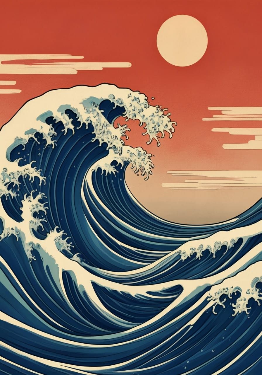 Grand Ocean Waves in Vibrant Blues and Reds