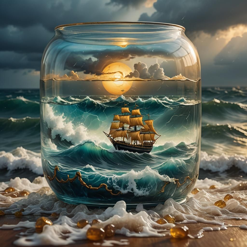 Stormy Sea in Glass Container: Surrealist Dreamscape