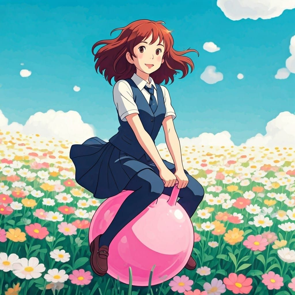 Ghibli-Style Haru Bouncing on Space Hopper