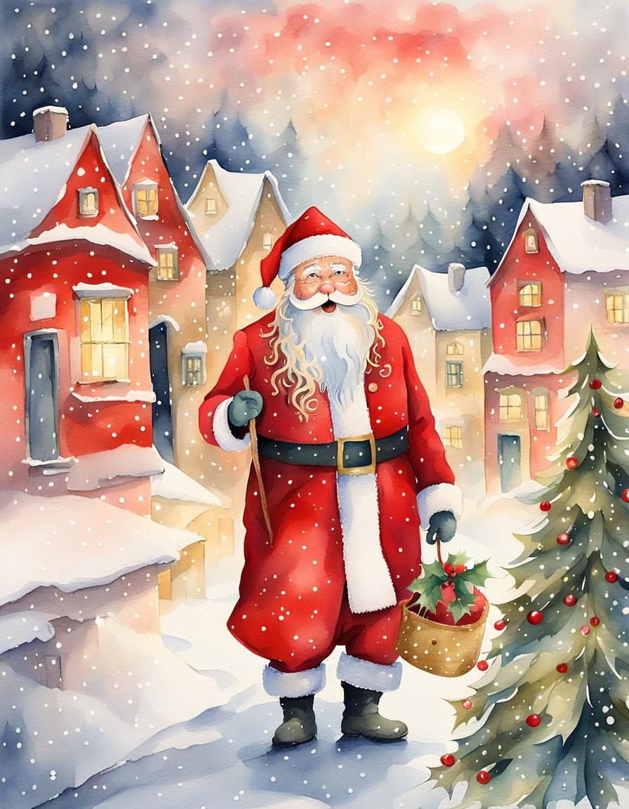 Whimsical Watercolor Santa in Snowy Village