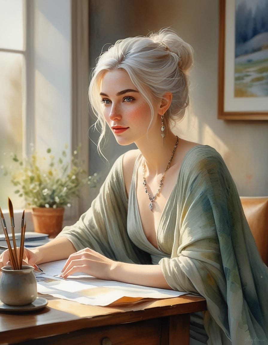 Impressionist Portrait of an Elf Woman with Freckles